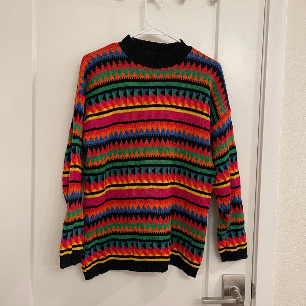 Vintage 80s Rainbow Neon Sweater Fall Holidays Retro Vibrant Geometric